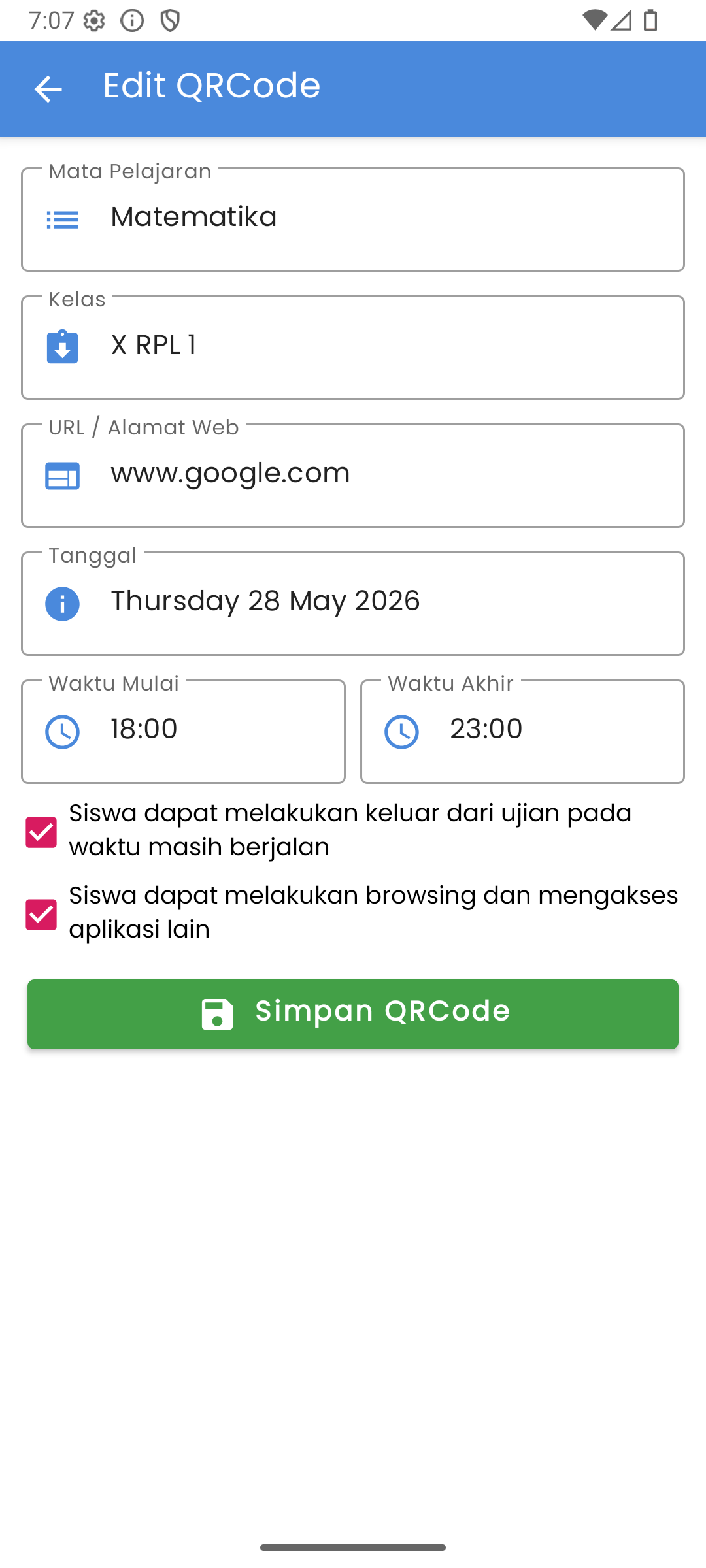 Form pembuatan QR Code ujian di Examnovasi