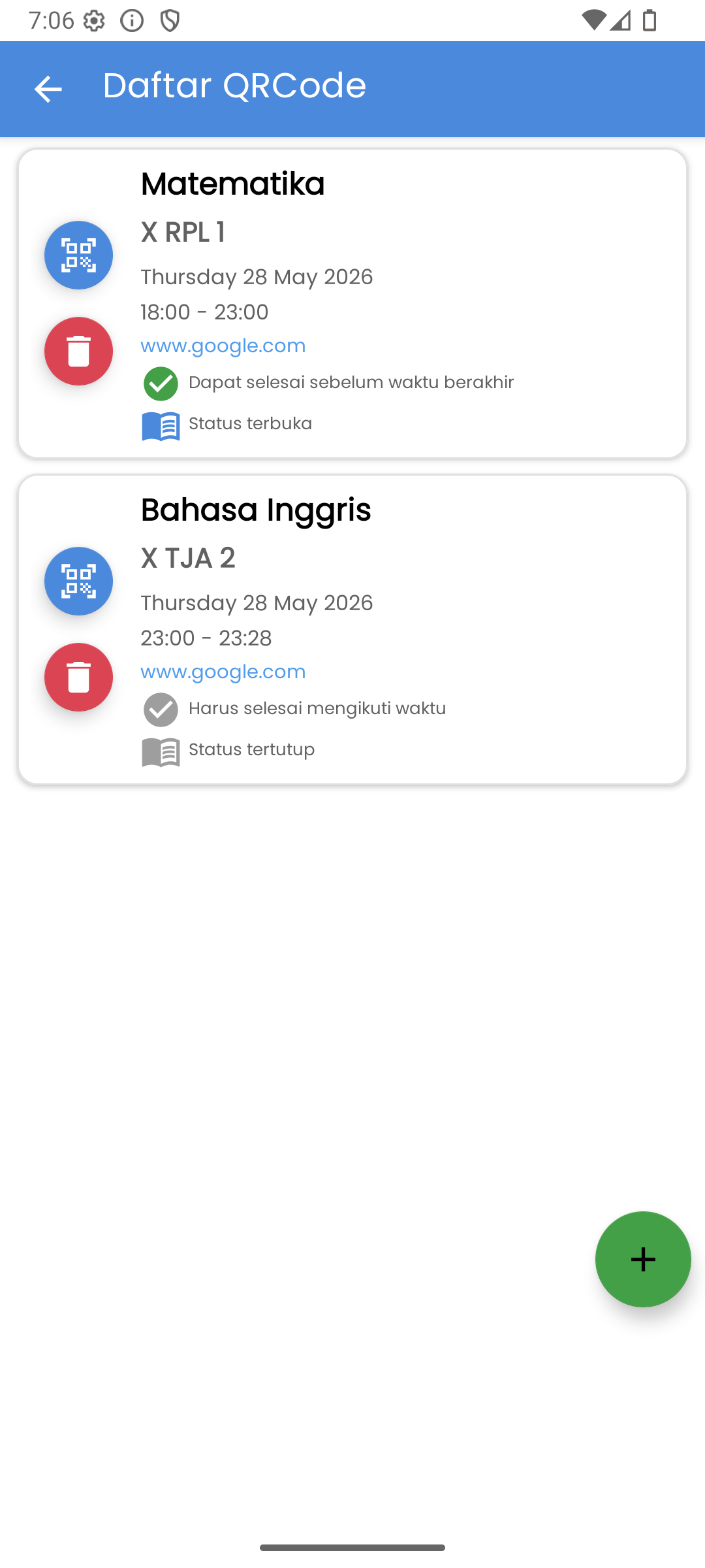 Daftar QR Code ujian yang tersimpan di Examnovasi